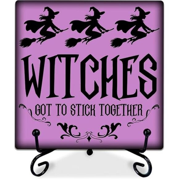 Halloween Wooden Sign with Metal Stand - Witches Got To Stick Together - 5 Inch - Picture 6 of 6